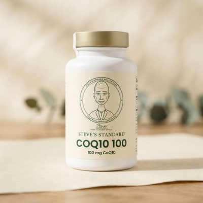 Steve's Standard CoQ10 100 dietary supplement bottle containing 60 softgels