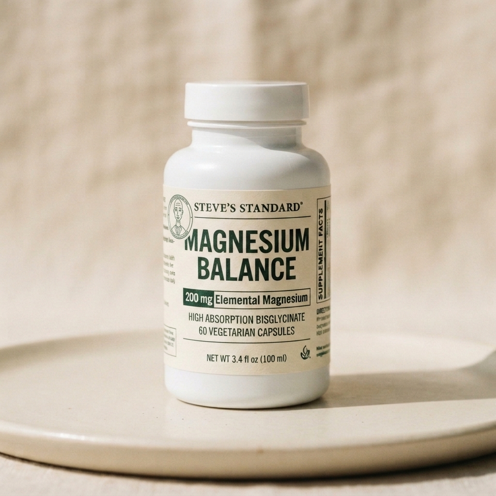Steve's Standard Magnesium Balance dietary supplement bottle containing 60 capsules