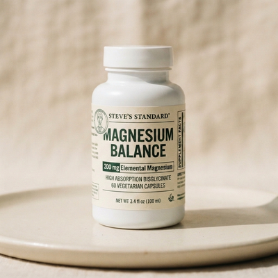 Steve's Standard Magnesium Balance dietary supplement bottle containing 60 capsules