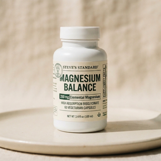 Steve's Standard Magnesium Balance dietary supplement bottle containing 60 capsules