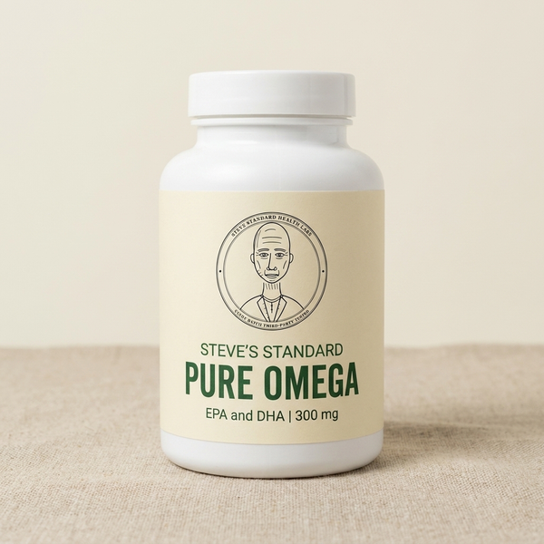 Steve's Standard Pure Omega fish-oil dietary supplement bottle containing 60 softgels
